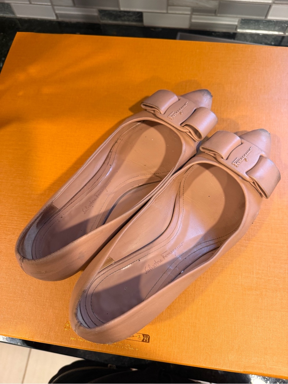 Salvatore Ferragamo Nude Leather Vara Bow Flats